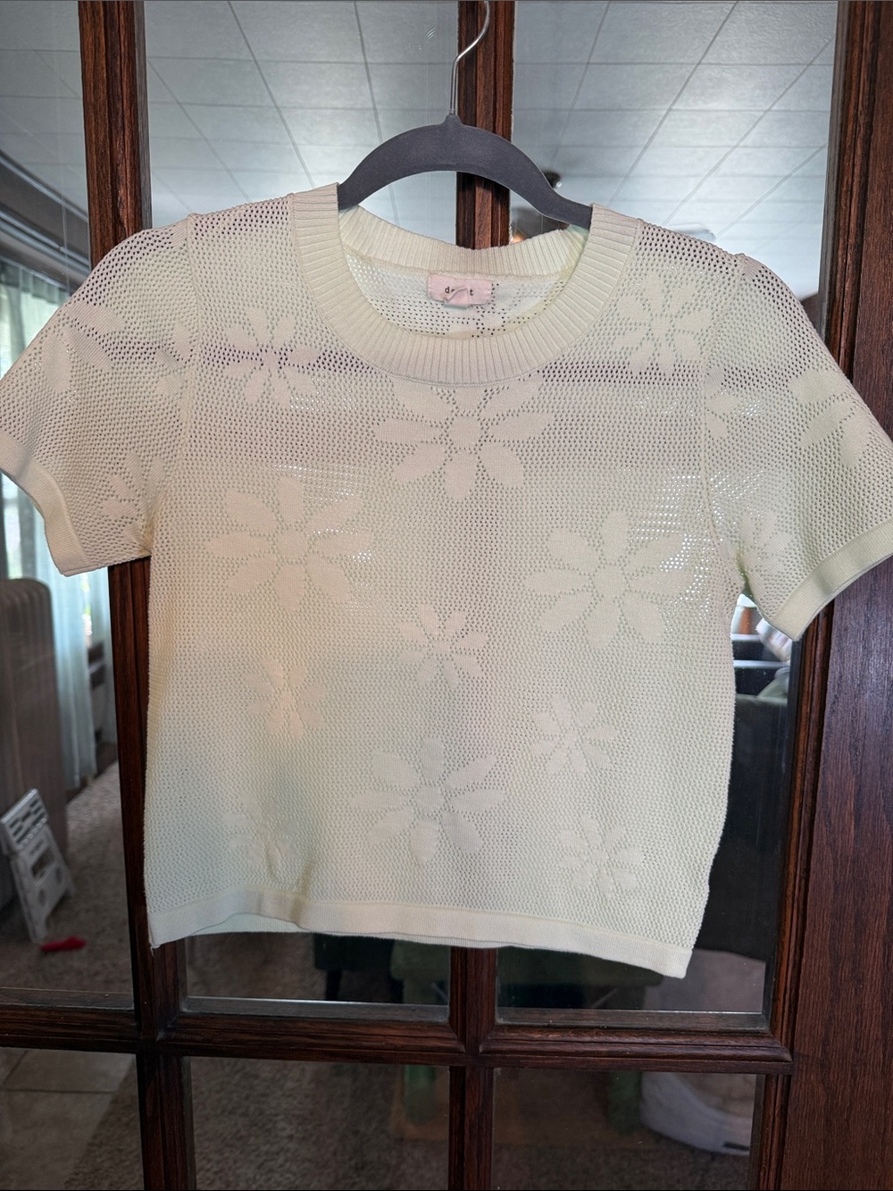Debut Womens‎ Pale Mint Green Floral Pointelle Mesh Knit Short Sleeve Top Size M